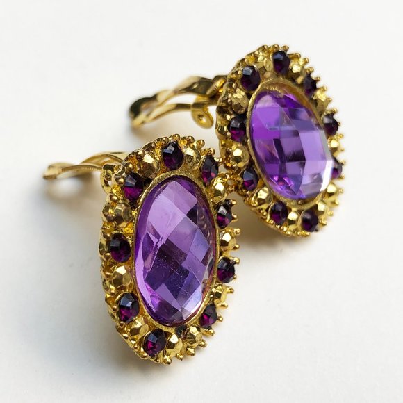 Purple rhinestone clip on earrings, statement crystal bridemaids earrings - Picture 8 of 11